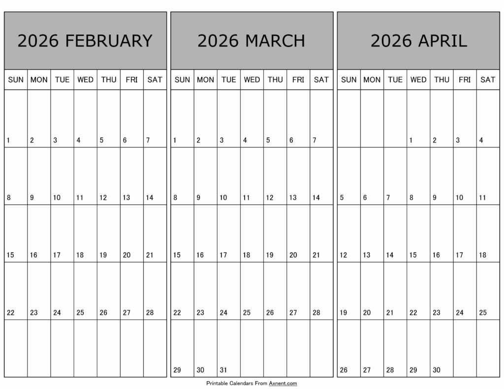 Calendar February March April 2026