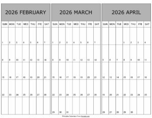 Calendar February March April 2026