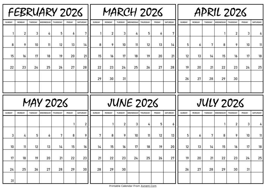 Calendar February to July 2026