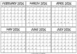 Calendar February to July 2026