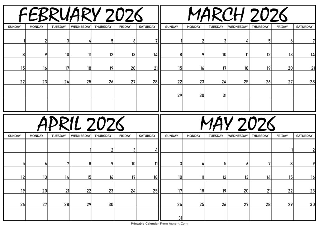 Calendar February to May 2026
