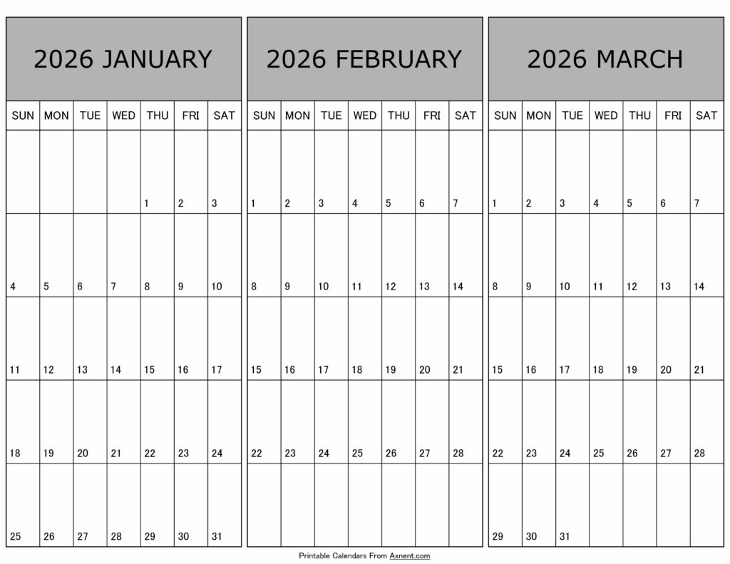Calendar January February March 2026