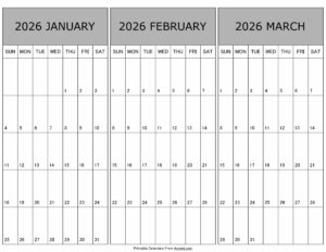 Calendar January February March 2026