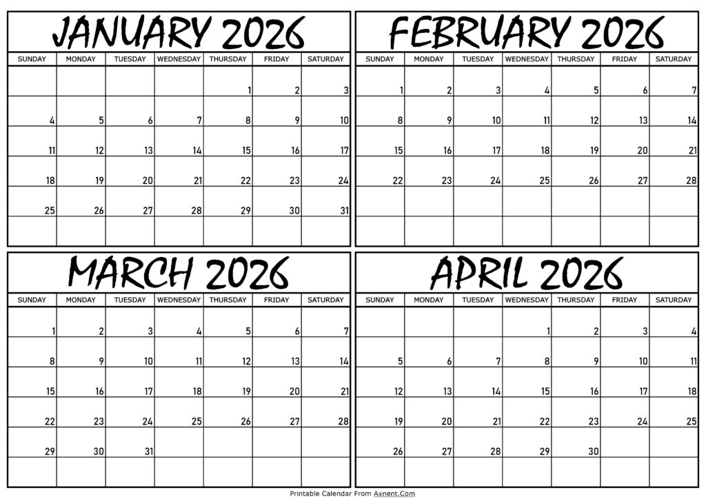 Calendar January to April 2026