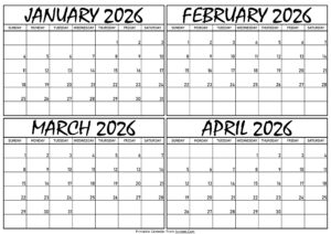 Calendar January to April 2026