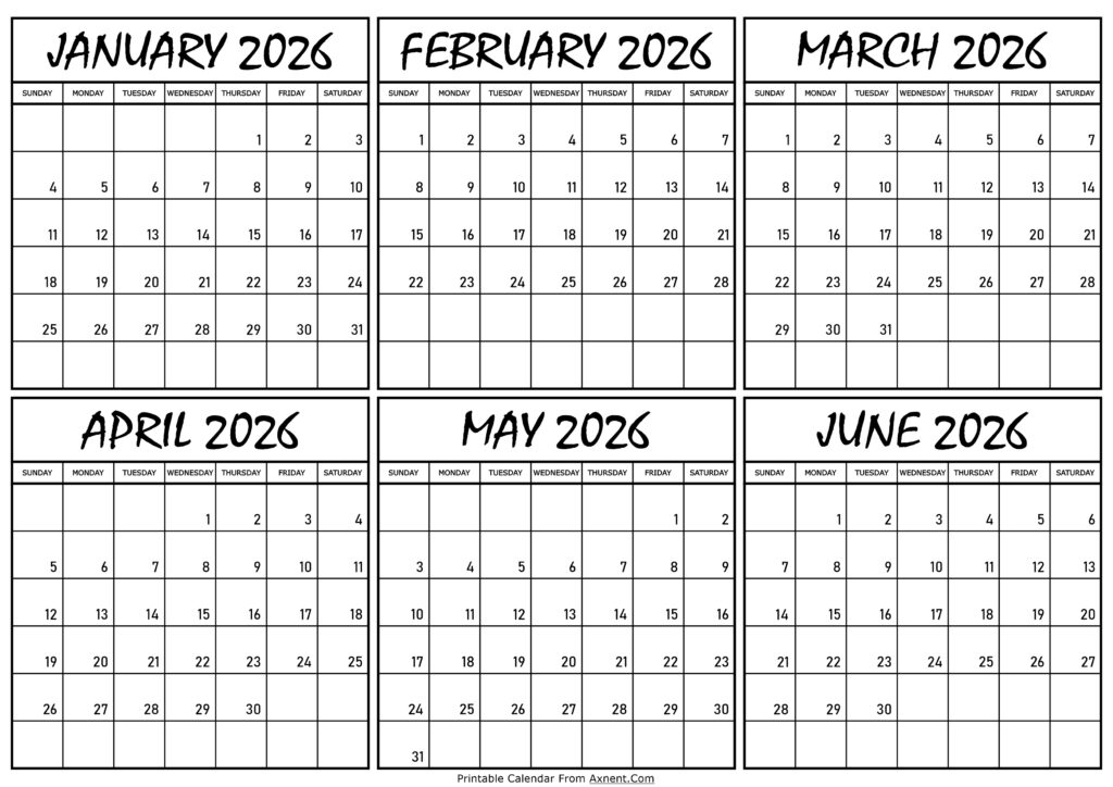 Calendar January to June 2026