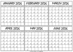 Calendar January to June 2026
