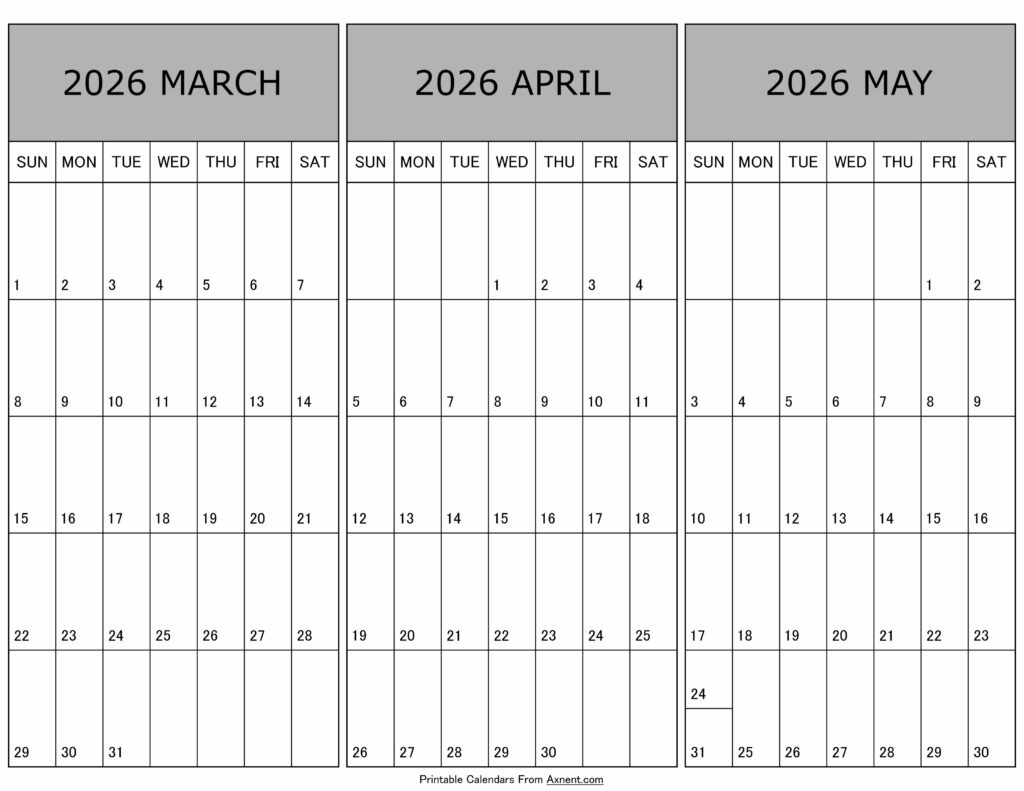 Calendar March April May 2026