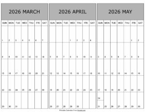 Calendar March April May 2026
