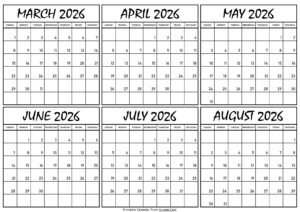 Calendar March to August 2026