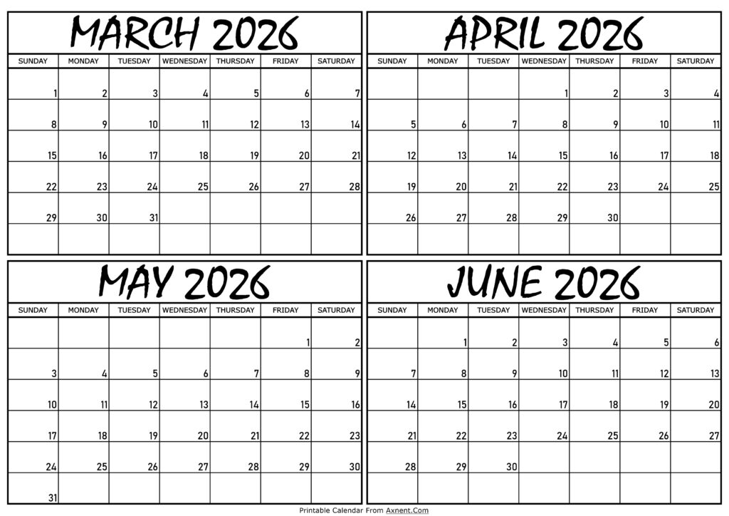 Calendar March to June 2026