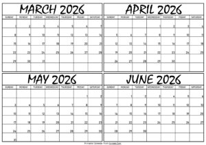 Calendar March to June 2026