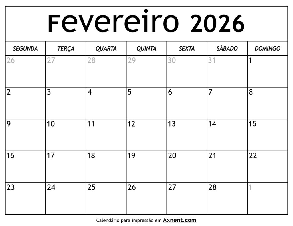 Calendário De Fevereiro De 2026