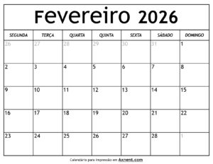 Calendário De Fevereiro De 2026