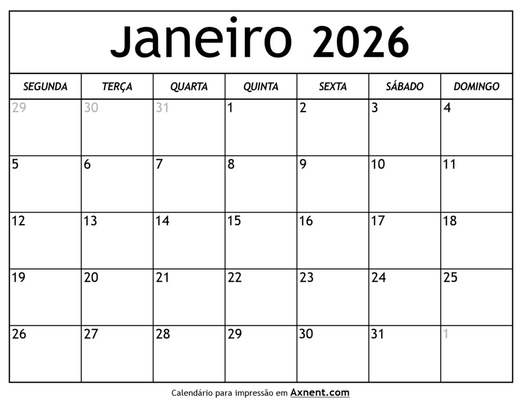 Calendário De Janeiro De 2026