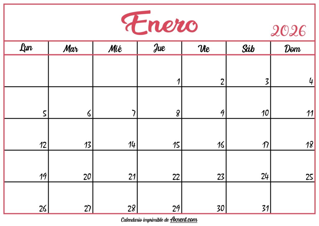 Calendario En Blanco Enero 2026