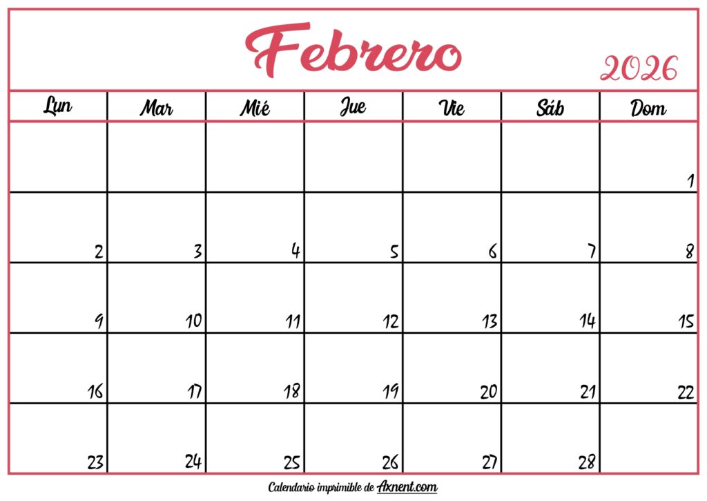 Calendario En Blanco Febrero 2026