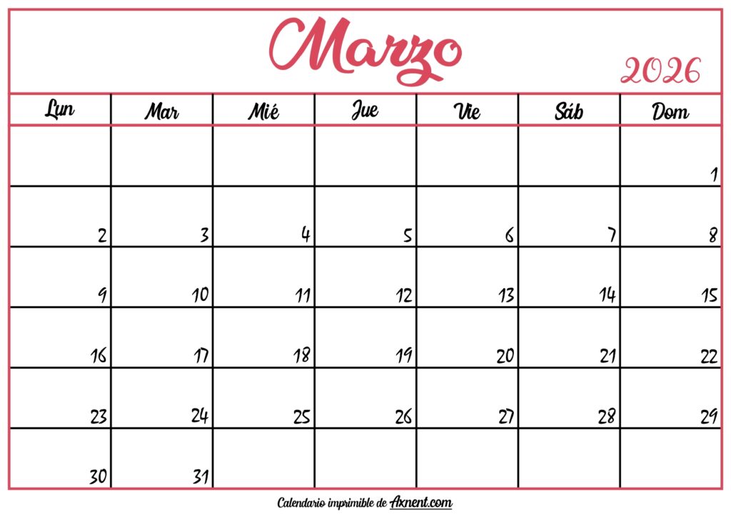 Calendario En Blanco Marzo 2026