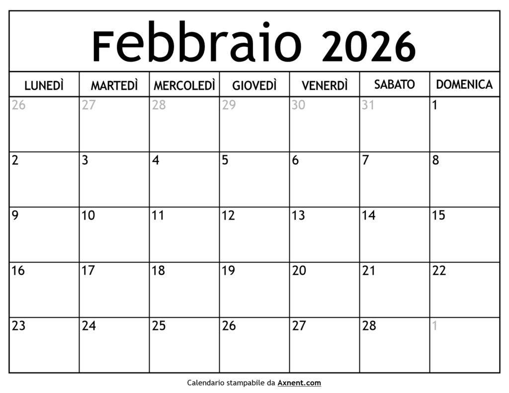 Calendario Febbraio 2026