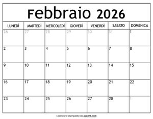 Calendario Febbraio 2026