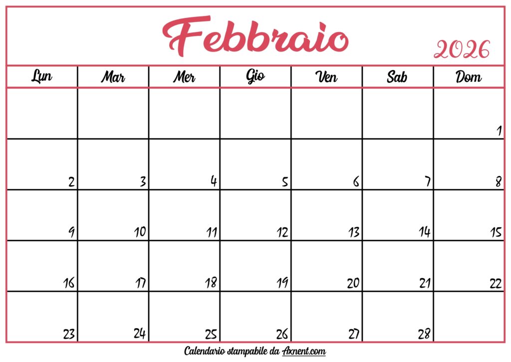 Calendario Febbraio 2026 Stampabile