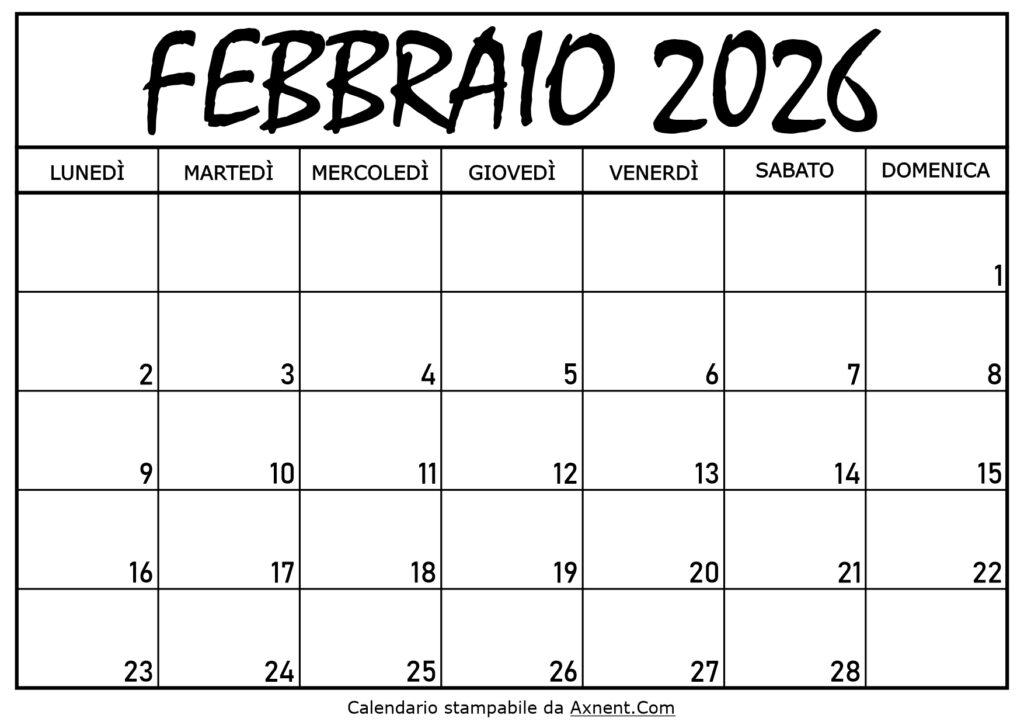 Calendario Febbraio 2026 da Stampare