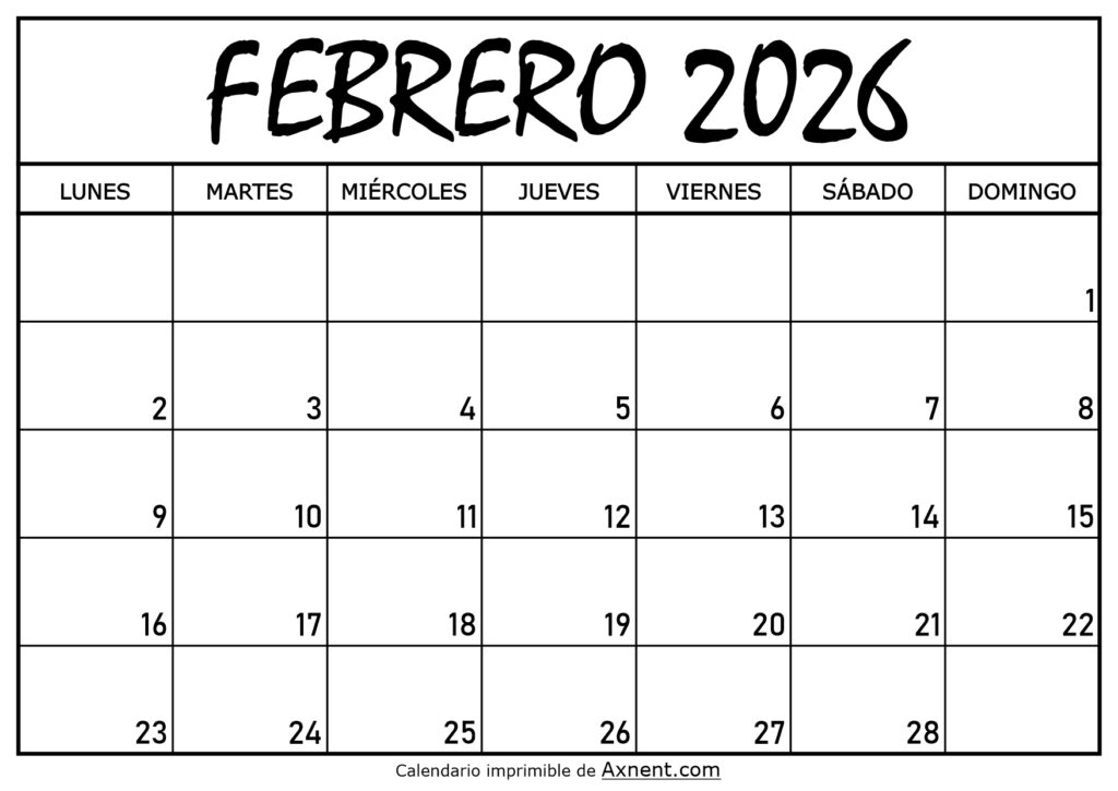 Calendario Febrero 2026 Para Imprimir