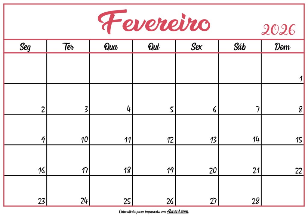 Calendário Fevereiro 2026