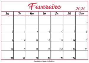 Calendário Fevereiro 2026