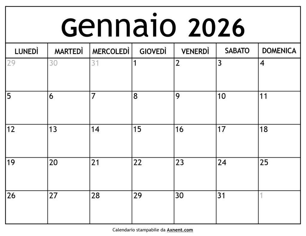 Calendario Gennaio 2026