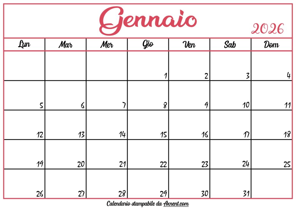 Calendario Gennaio 2026 Stampabile