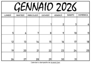 Calendario Gennaio 2026 da Stampare