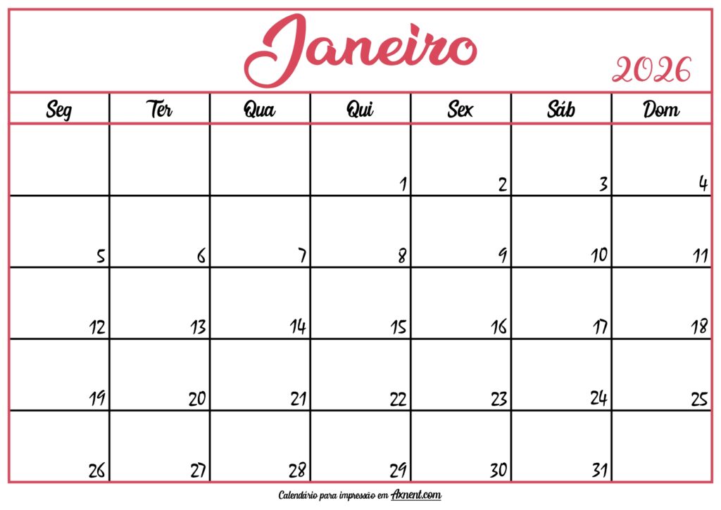 Calendário Janeiro 2026