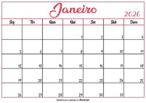 Calendário Janeiro 2026