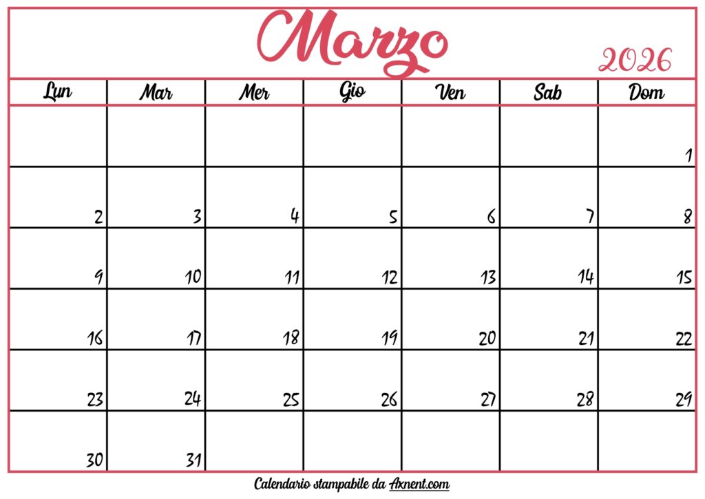 Calendario Marzo 2026 Stampabile