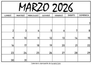 Calendario Marzo 2026 da Stampare