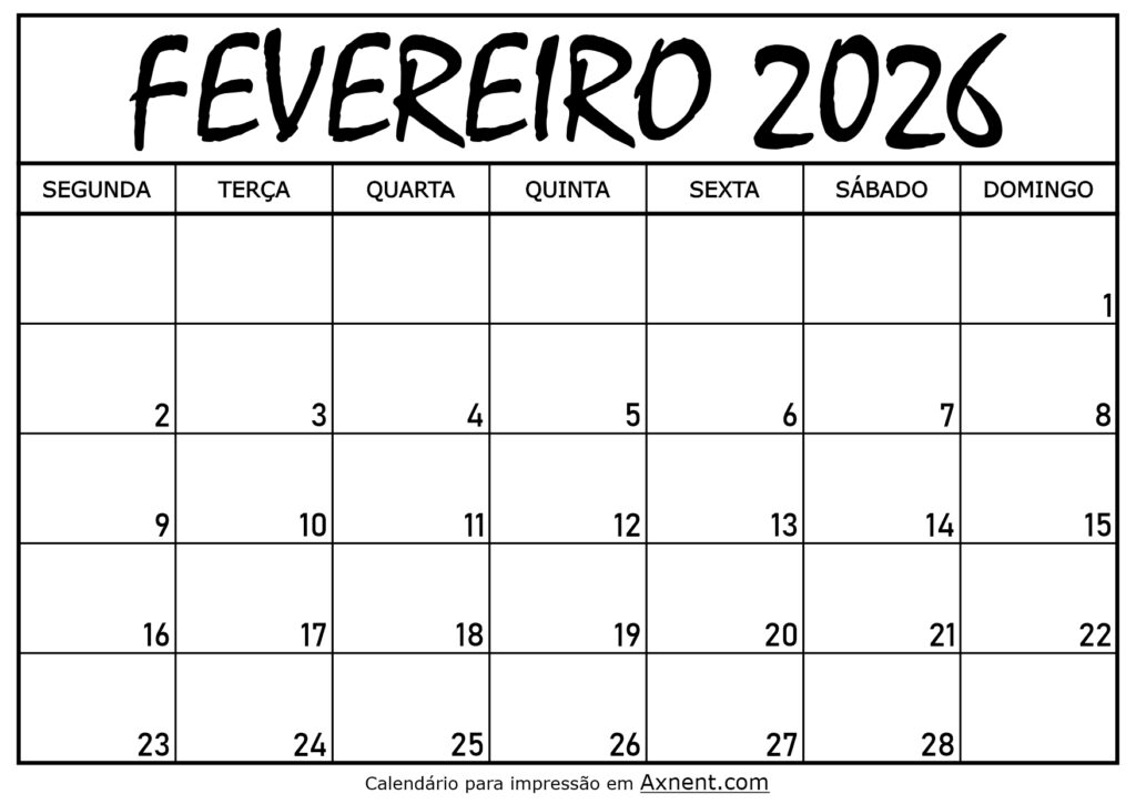 Calendário Mensal Fevereiro 2026