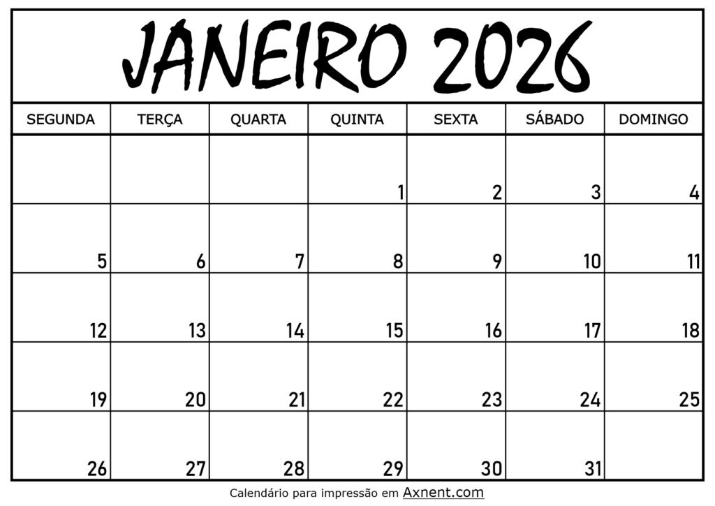 Calendário Mensal Janeiro 2026
