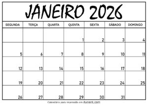 Calendário Mensal Janeiro 2026