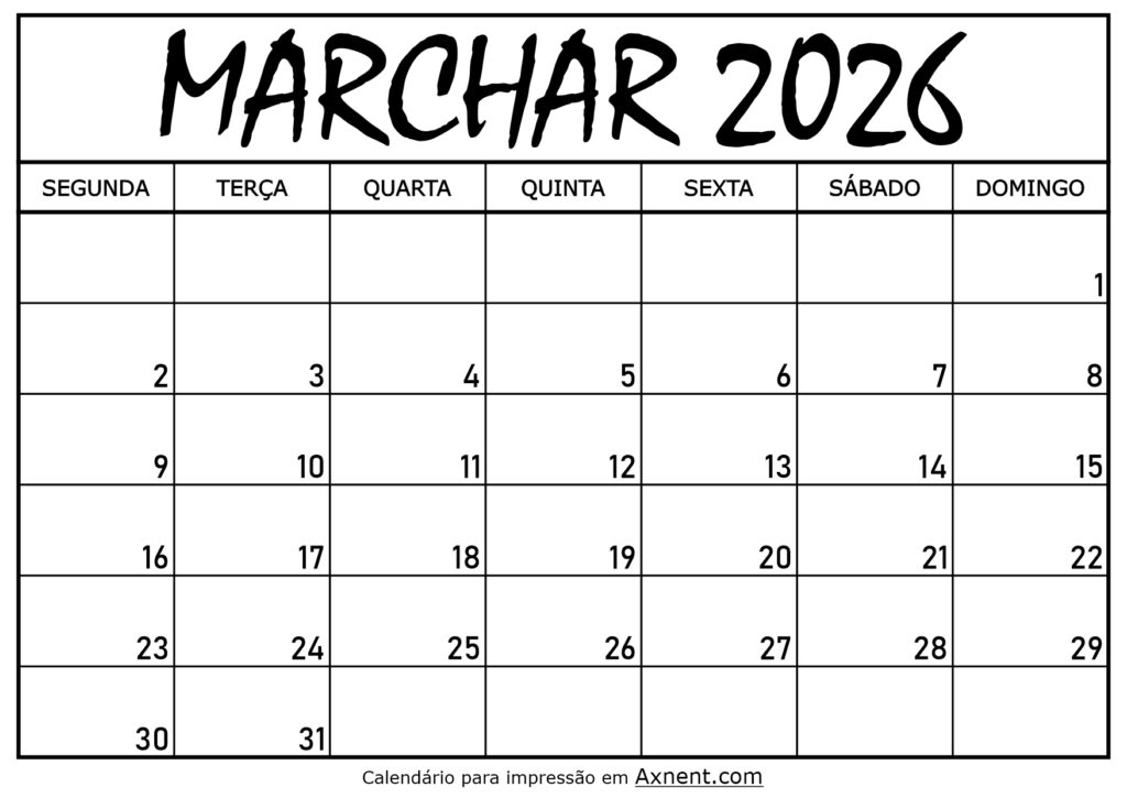 Calendário Mensal Marchar 2026