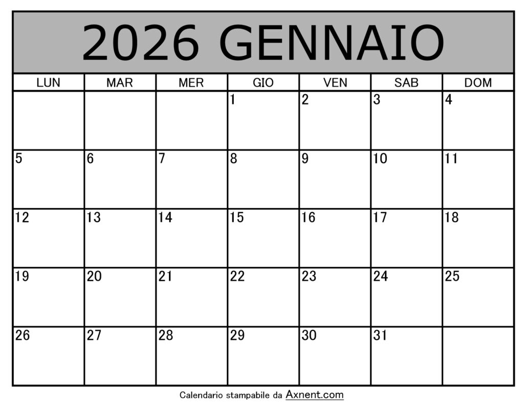 Calendario Mensile di Gennaio 2026