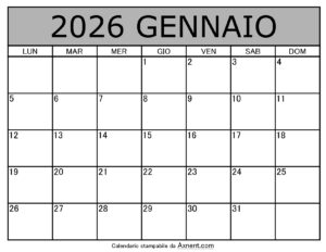 Calendario Mensile di Gennaio 2026