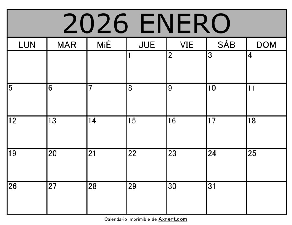 Calendario Mensual Enero 2026