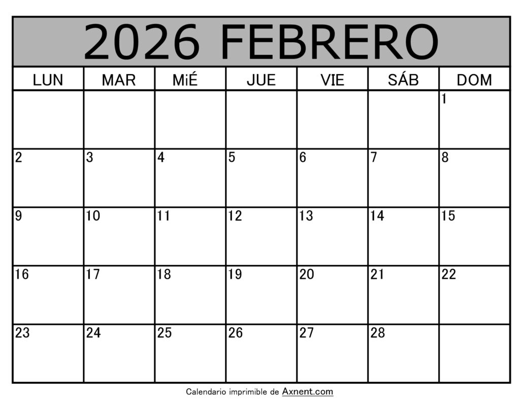 Calendario Mensual Febrero 2026