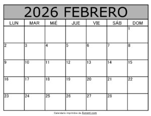 Calendario Mensual Febrero 2026