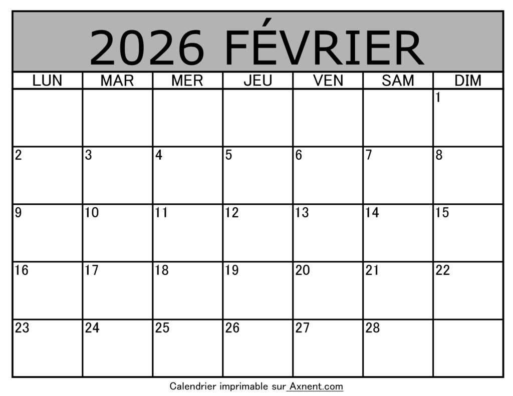 Calendrier À Imprimer Février 2026