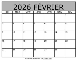 Calendrier À Imprimer Février 2026