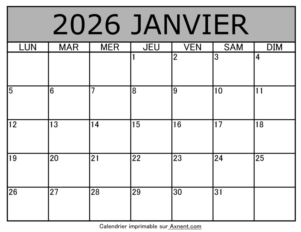 Calendrier À Imprimer Janvier 2026