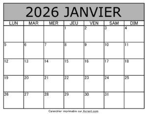 Calendrier À Imprimer Janvier 2026