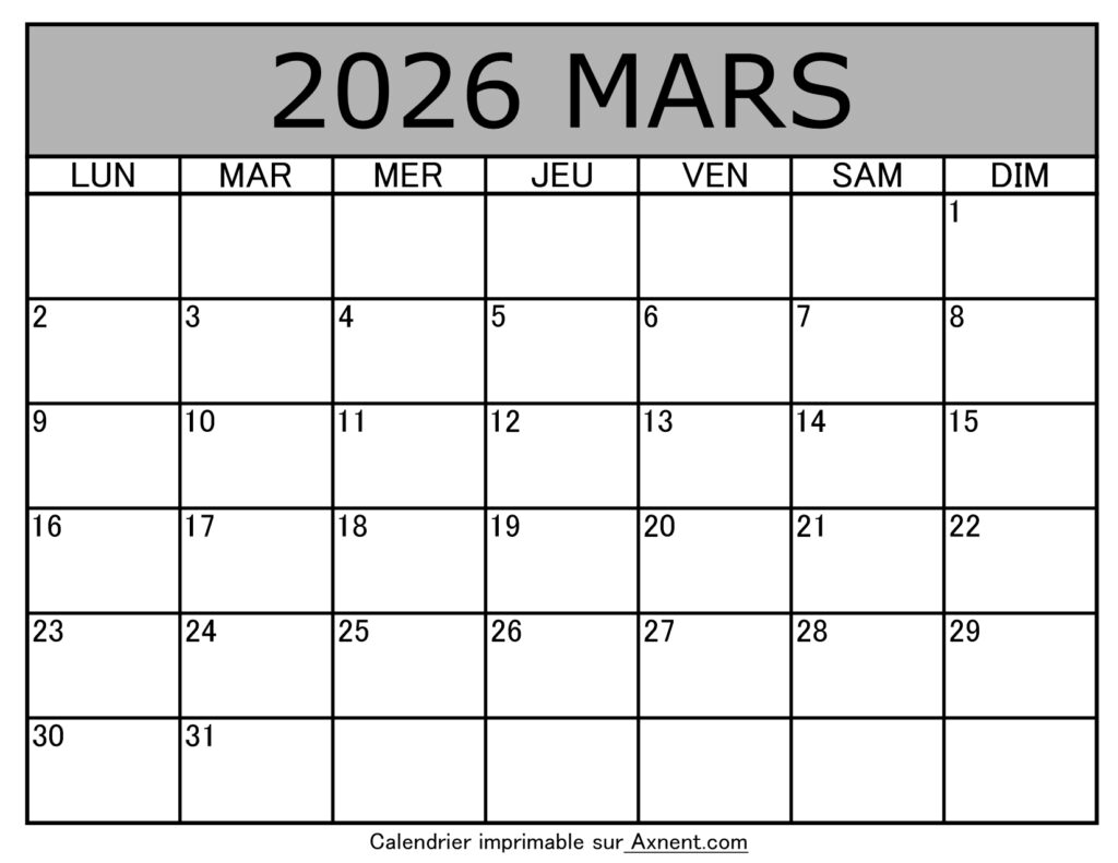 Calendrier À Imprimer Mars 2026